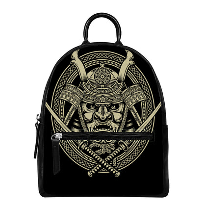 Samurai Warrior Mask Print Leather Backpack