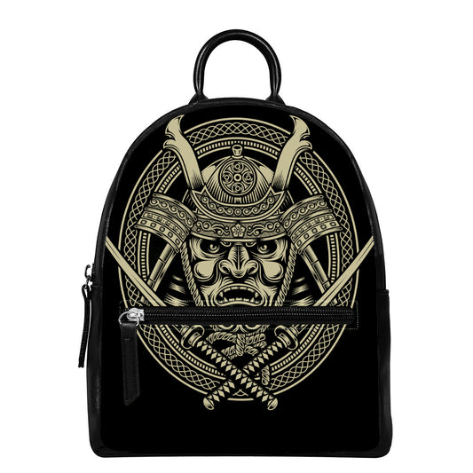Samurai Warrior Mask Print Leather Backpack