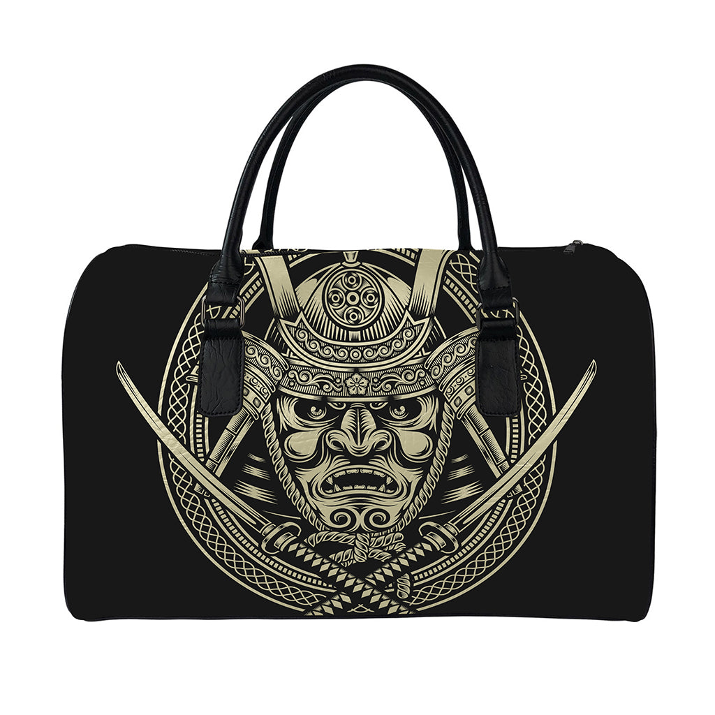 Samurai Warrior Mask Print Leather Duffle Bag