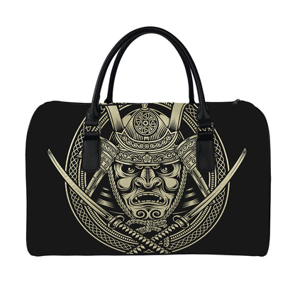 Samurai Warrior Mask Print Leather Duffle Bag