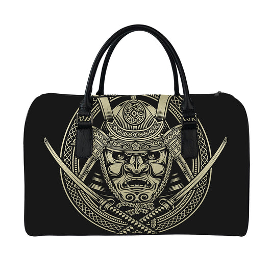 Samurai Warrior Mask Print Leather Duffle Bag