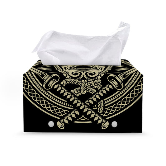 Samurai Warrior Mask Print Leather Tissue Box Cover