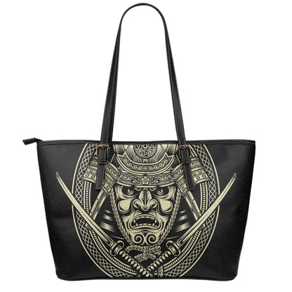 Samurai Warrior Mask Print Leather Tote Bag