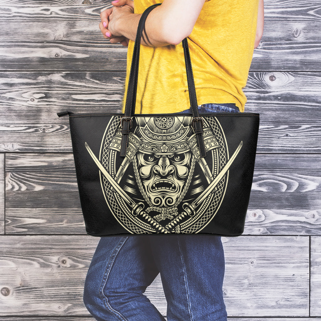 Samurai Warrior Mask Print Leather Tote Bag