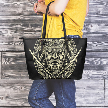 Samurai Warrior Mask Print Leather Tote Bag