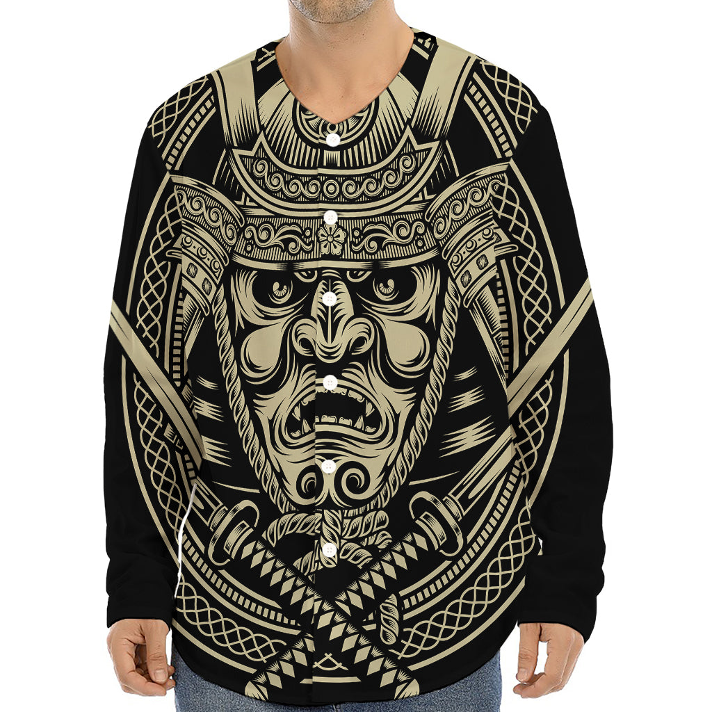 Samurai Warrior Mask Print Long Sleeve Baseball Jersey