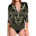 Samurai Warrior Mask Print Long Sleeve Swimsuit