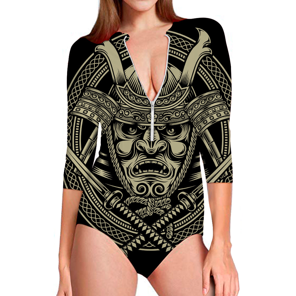 Samurai Warrior Mask Print Long Sleeve Swimsuit