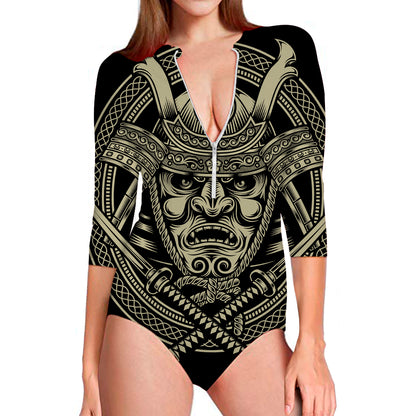 Samurai Warrior Mask Print Long Sleeve Swimsuit