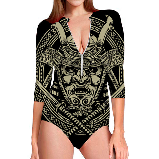Samurai Warrior Mask Print Long Sleeve Swimsuit