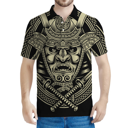 Samurai Warrior Mask Print Men's Polo Shirt