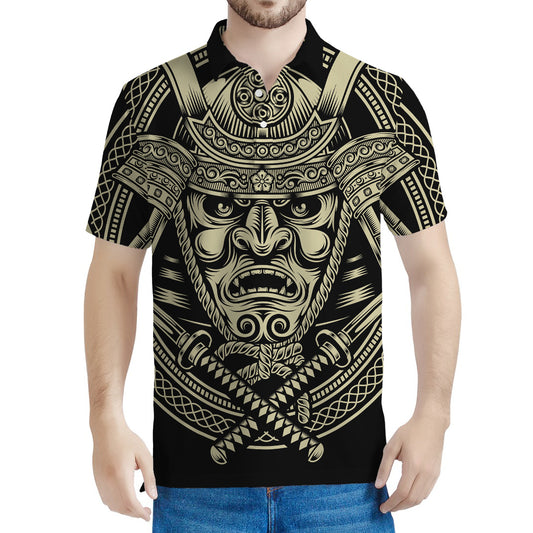 Samurai Warrior Mask Print Men's Polo Shirt
