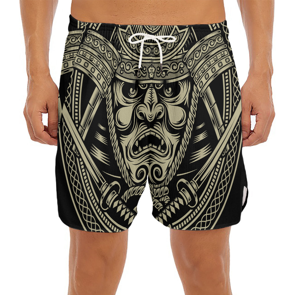 Samurai Warrior Mask Print Men's Split Running Shorts