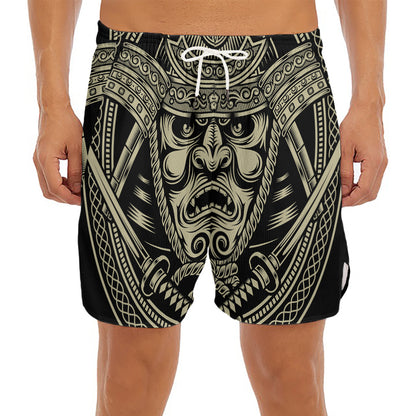 Samurai Warrior Mask Print Men's Split Running Shorts