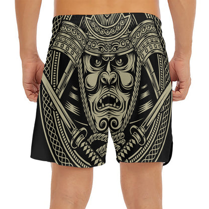 Samurai Warrior Mask Print Men's Split Running Shorts