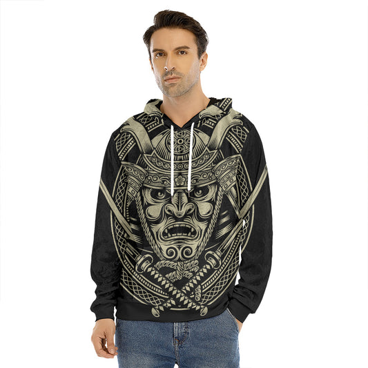 Samurai Warrior Mask Print Men's Velvet Pullover Hoodie