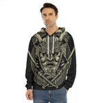 Samurai Warrior Mask Print Men's Velvet Pullover Hoodie