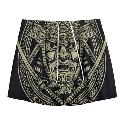 Samurai Warrior Mask Print Mesh Shorts