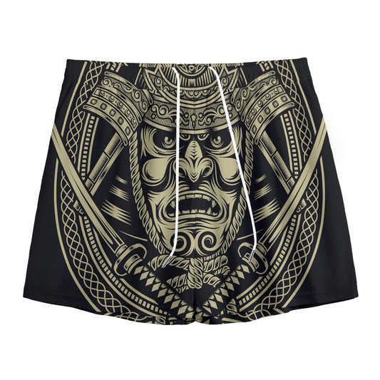 Samurai Warrior Mask Print Mesh Shorts