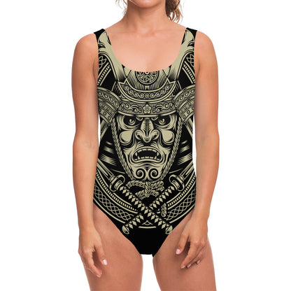 Samurai Warrior Mask Print One Piece Swimsuit