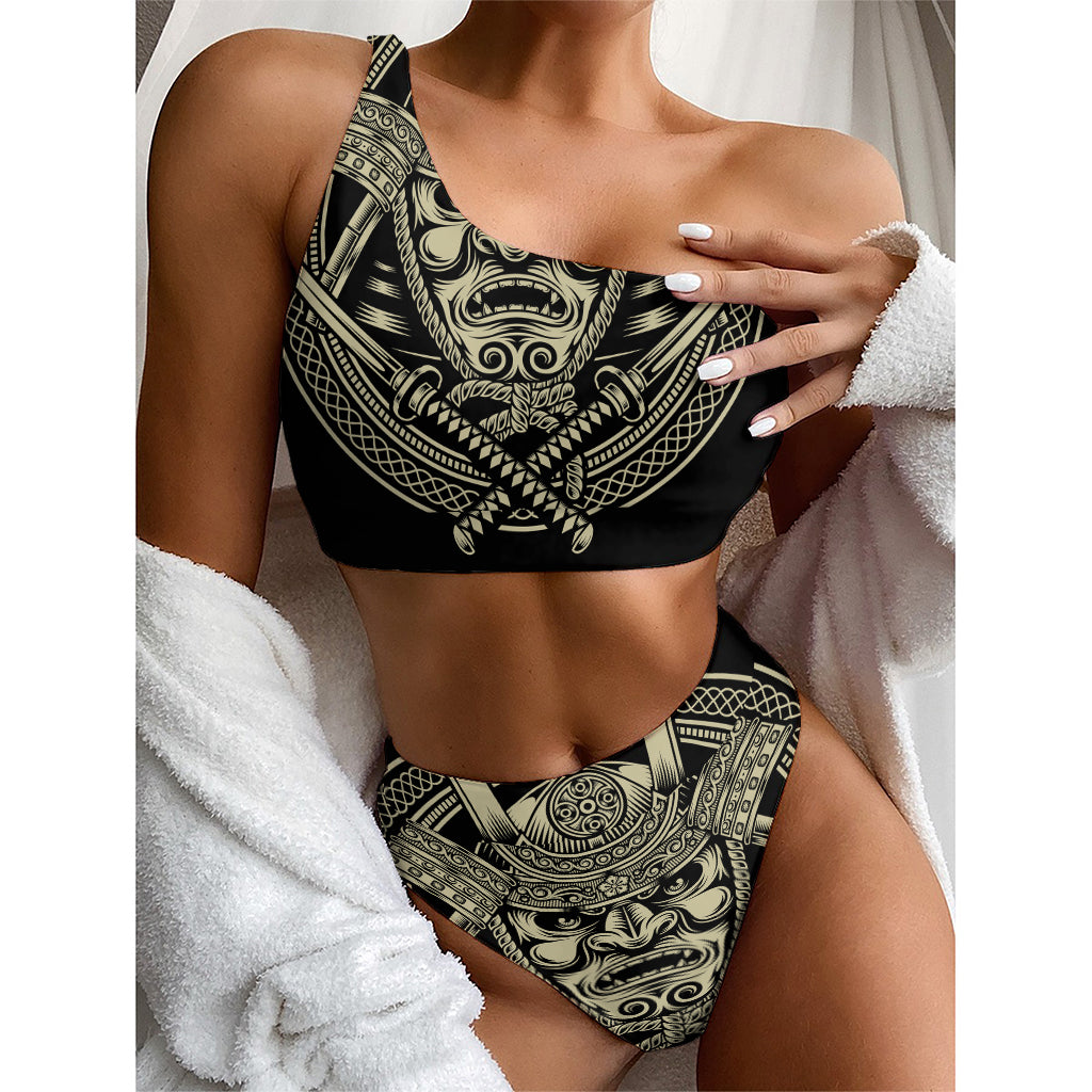 Samurai Warrior Mask Print One Shoulder Bikini Top