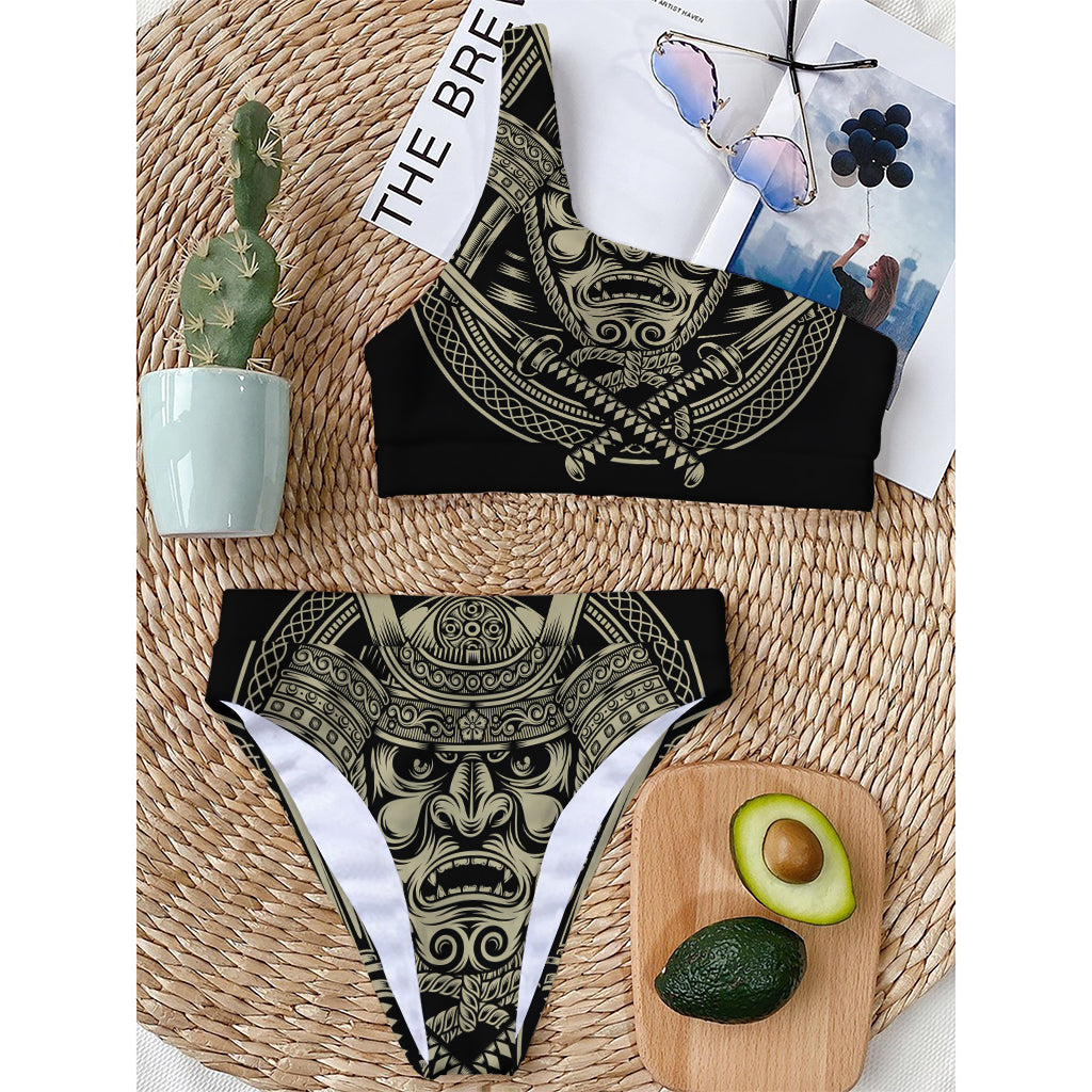 Samurai Warrior Mask Print One Shoulder Bikini Top