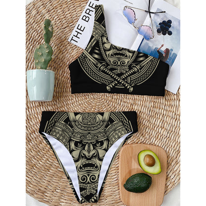 Samurai Warrior Mask Print One Shoulder Bikini Top