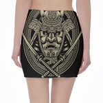 Samurai Warrior Mask Print Pencil Mini Skirt
