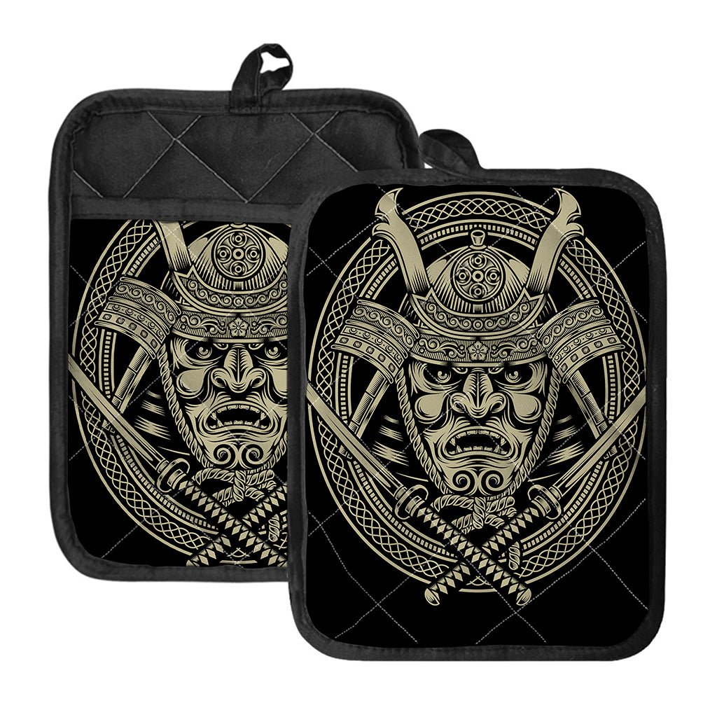 Samurai Warrior Mask Print Pot Holders With Pocket