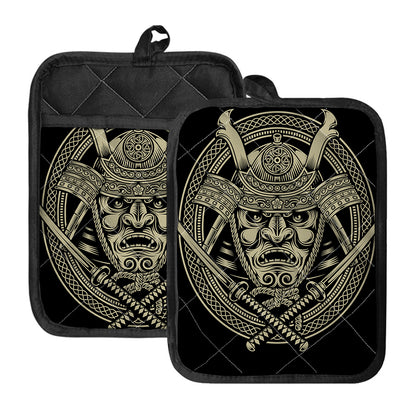 Samurai Warrior Mask Print Pot Holders With Pocket