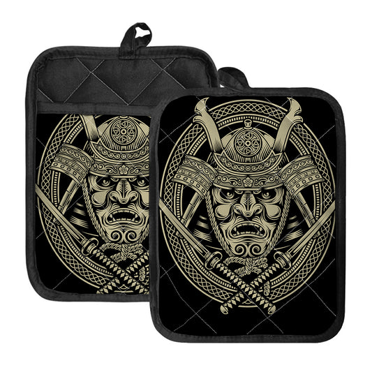 Samurai Warrior Mask Print Pot Holders With Pocket