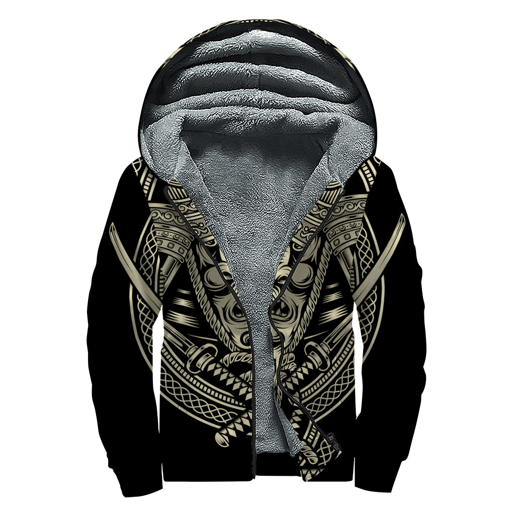 Samurai Warrior Mask Print Sherpa Lined Zip Up Hoodie