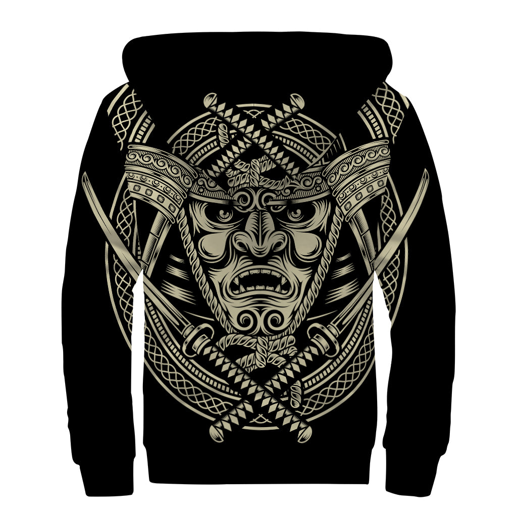 Samurai Warrior Mask Print Sherpa Lined Zip Up Hoodie
