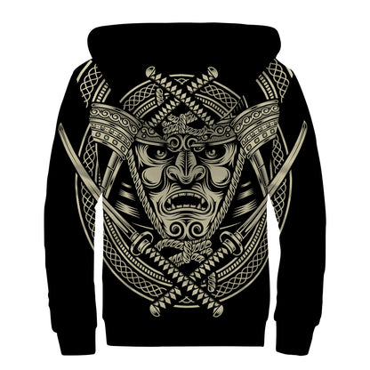 Samurai Warrior Mask Print Sherpa Lined Zip Up Hoodie