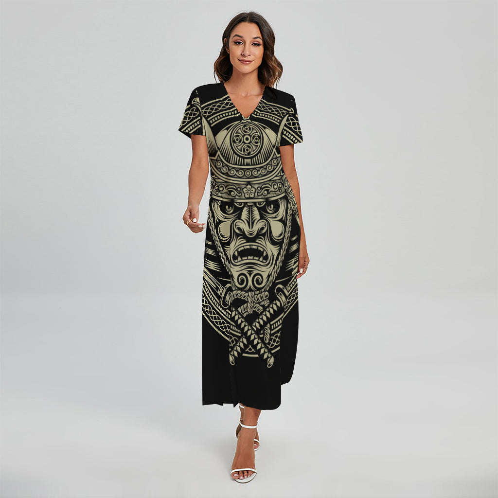 Samurai Warrior Mask Print Short Sleeve Maxi Dress