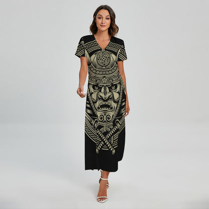 Samurai Warrior Mask Print Short Sleeve Maxi Dress
