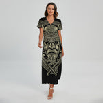 Samurai Warrior Mask Print Short Sleeve Maxi Dress