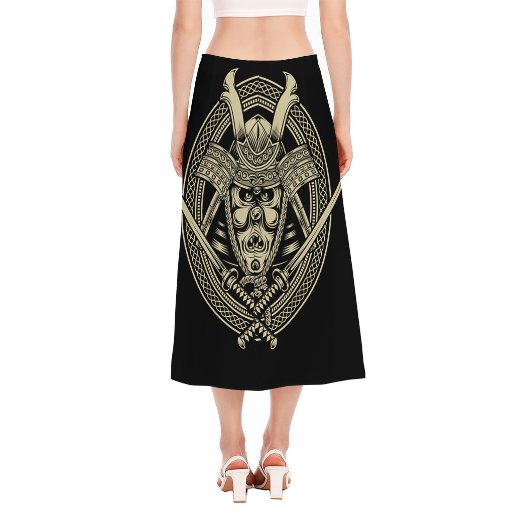 Samurai Warrior Mask Print Side Slit Midi Skirt