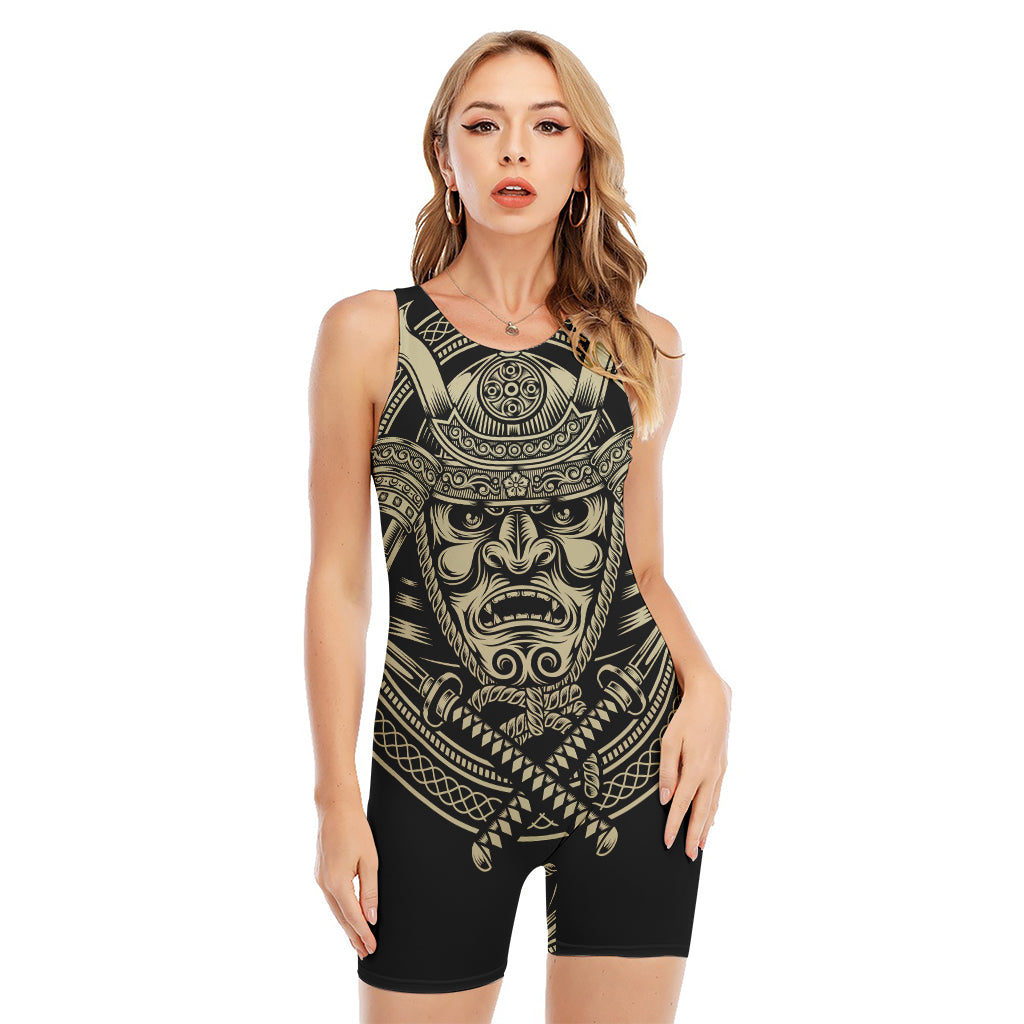 Samurai Warrior Mask Print Sleeveless One Piece Swimsuit