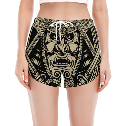 Samurai Warrior Mask Print Women's Split Running Shorts