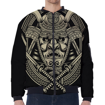 Samurai Warrior Mask Print Zip Sleeve Bomber Jacket