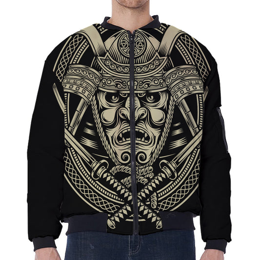 Samurai Warrior Mask Print Zip Sleeve Bomber Jacket