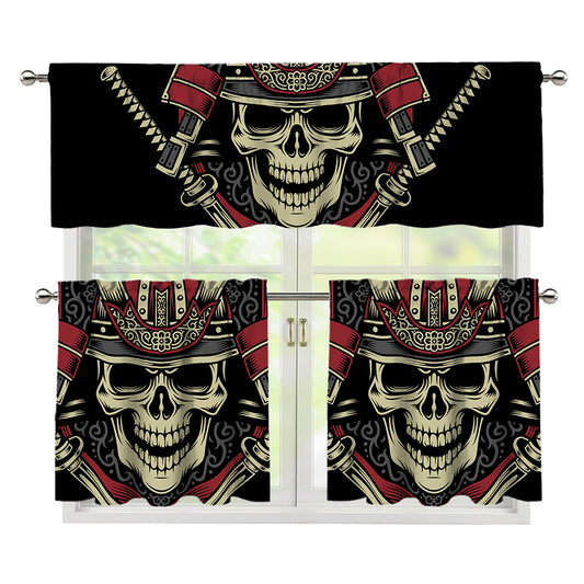 Samurai Warrior Skull Print 3 Piece Kitchen Curtains