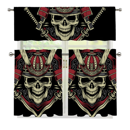 Samurai Warrior Skull Print 3 Piece Kitchen Curtains