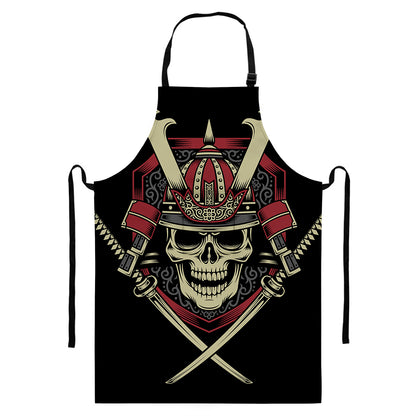 Samurai Warrior Skull Print Bib Apron With Pocket