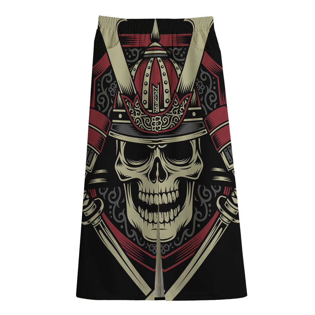 Samurai Warrior Skull Print Cotton Front Slit Maxi Skirt