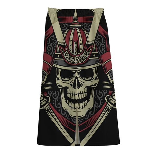 Samurai Warrior Skull Print Cotton Front Slit Maxi Skirt