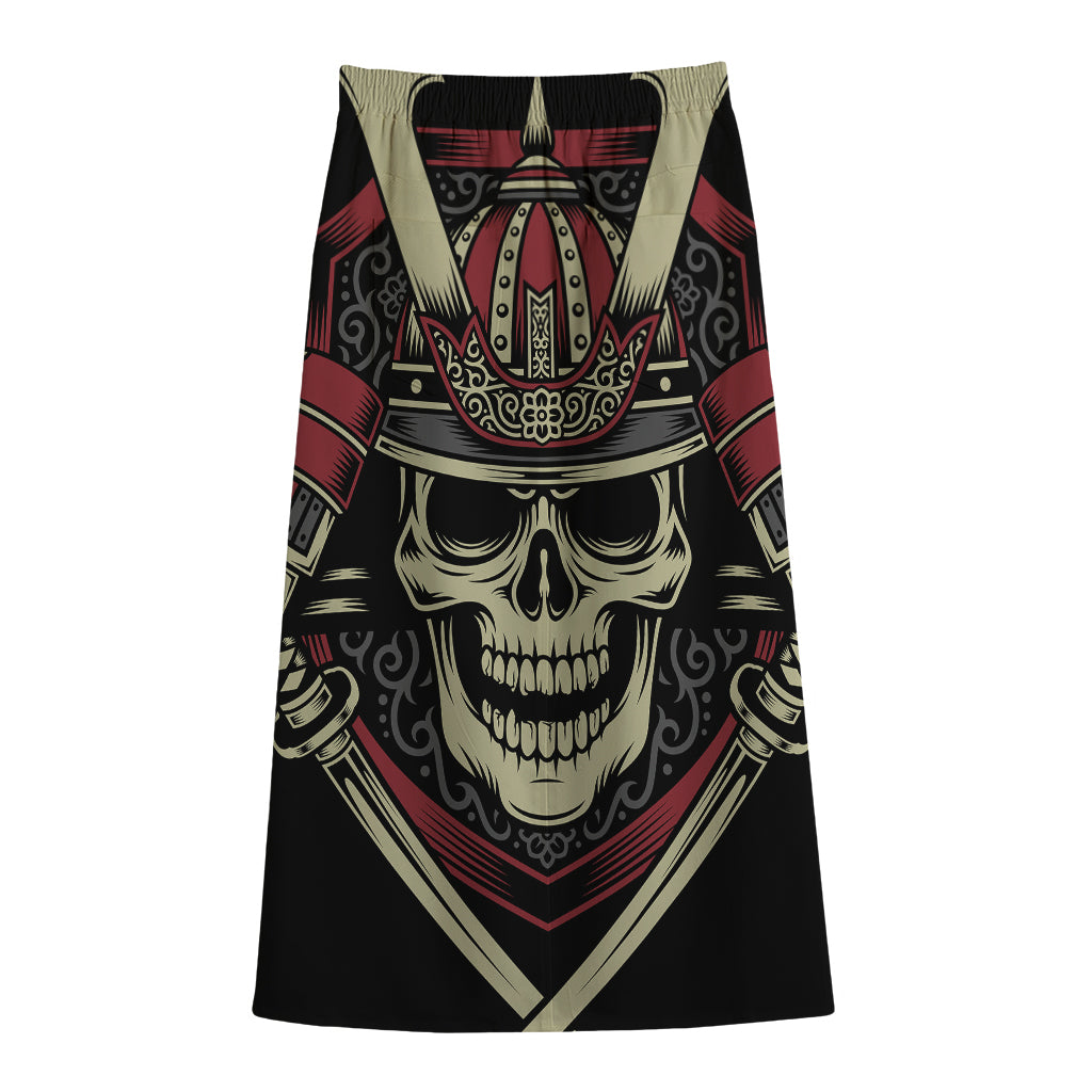 Samurai Warrior Skull Print Cotton Front Slit Maxi Skirt