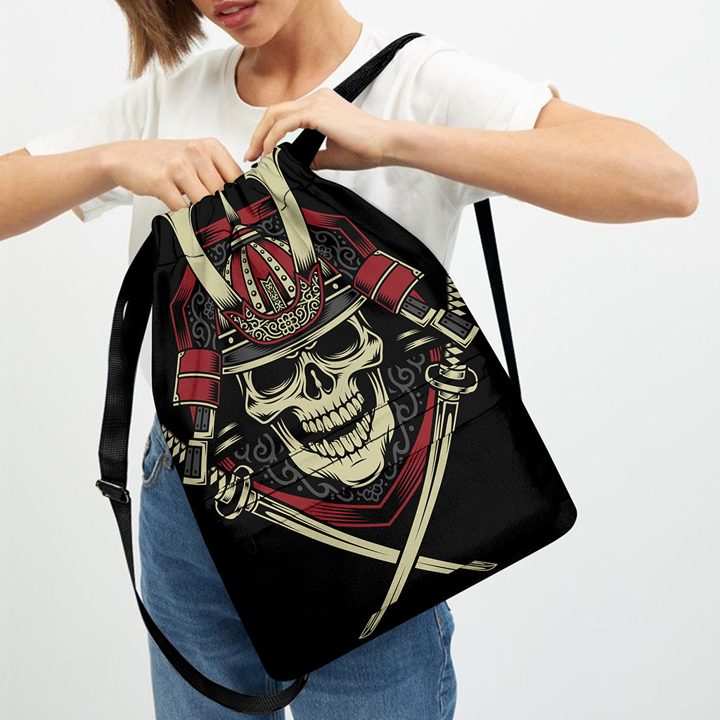 Samurai Warrior Skull Print Drawstring Backpack