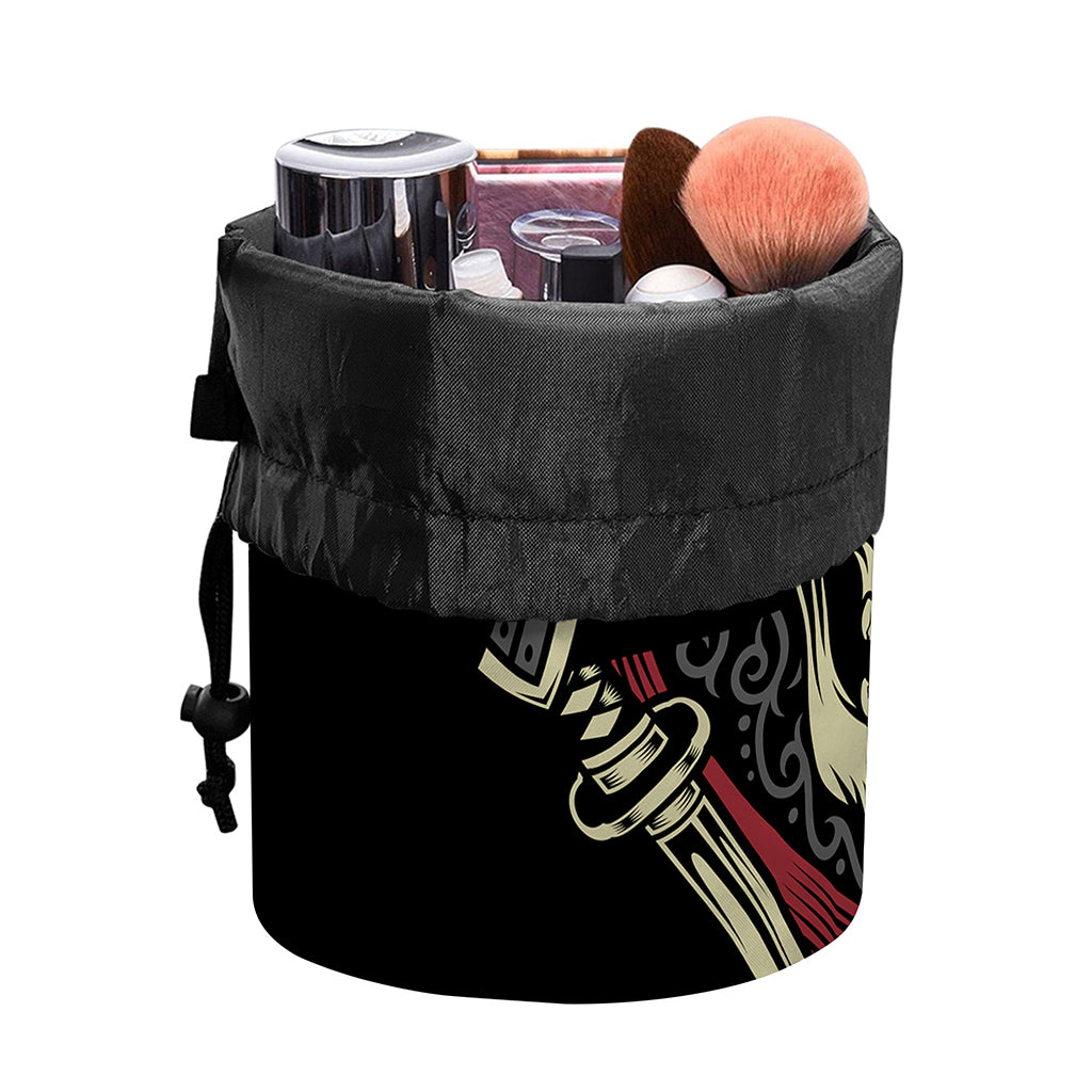 Samurai Warrior Skull Print Drawstring Makeup Bag